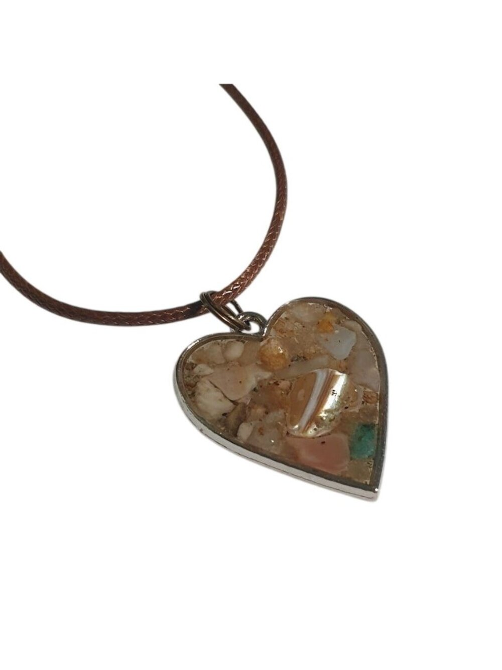 Heart Shaped Resin Pendant Necklace Brown Adjustable Beach Sand Mother Of Pearl